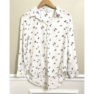 Jane and Delancey Blouse Boston Terrier Frenchie Dog Print Button Down Shirt M